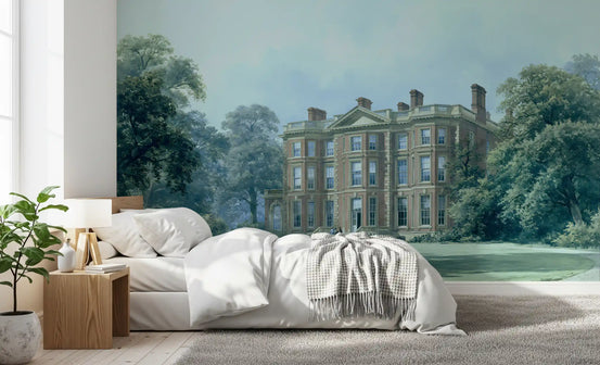 Country manor estate wall mural behind a white bed with ruffled bedding GD12861
