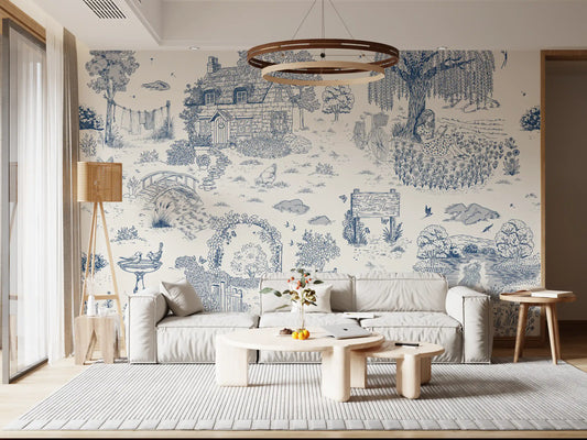 Toile de Jouy Country Cottage Sketch Wall Mural