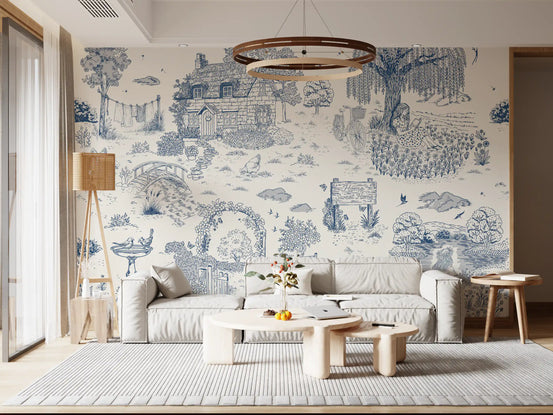 Toile de Jouy Country Cottage Sketch Wall Mural