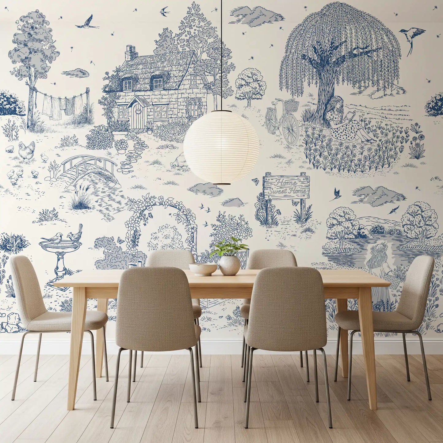 Toile de Jouy Country Cottage Sketch Wall Mural