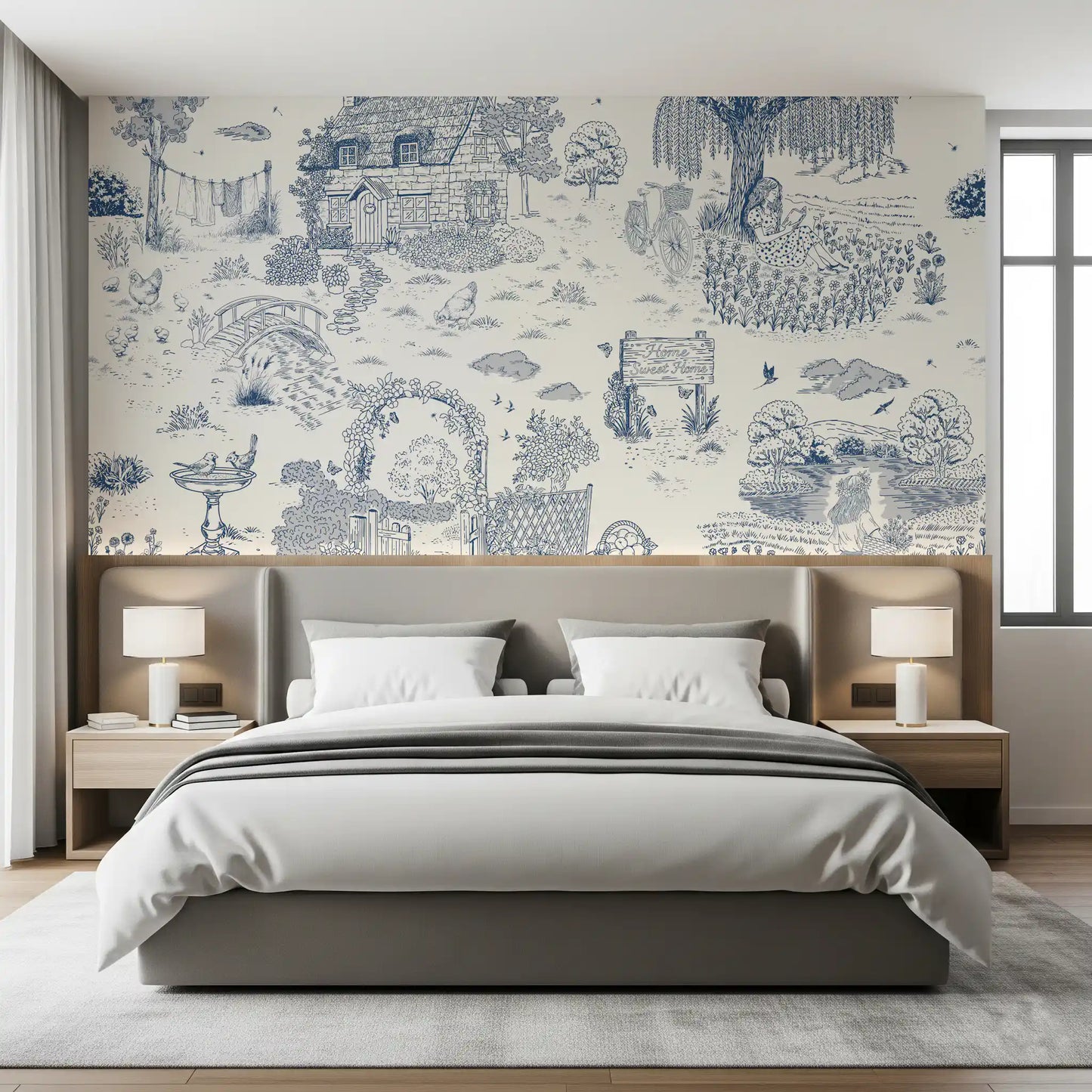Toile de Jouy Country Cottage Sketch Wall Mural