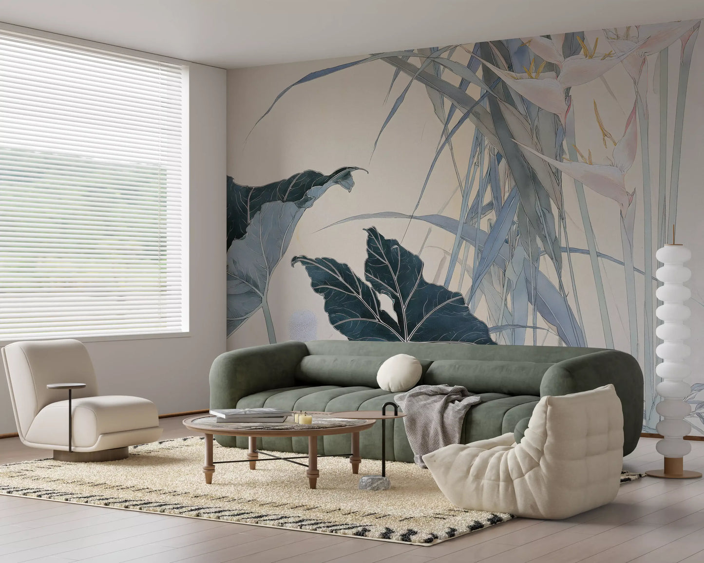 Serene Tropical Botanical Illustration Wall Mural
