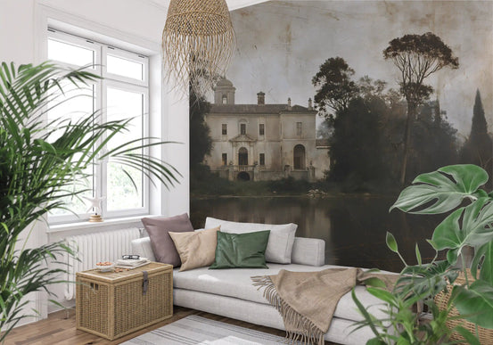 Italian villa lakeside wall mural behind a white sofa with plants and basket GD12864