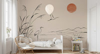 Minimalist Ink Wash Heron Landscape Wall Mural