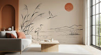 Minimalist Ink Wash Heron Landscape Wall Mural