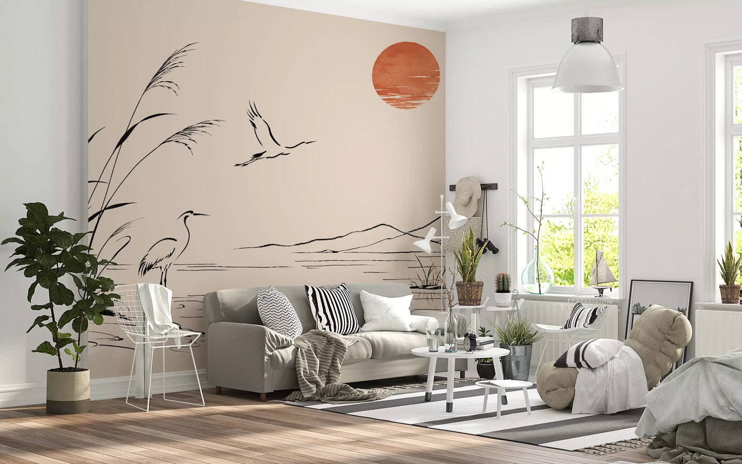 Minimalist Ink Wash Heron Landscape Wall Mural