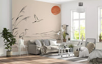 Minimalist Ink Wash Heron Landscape Wall Mural