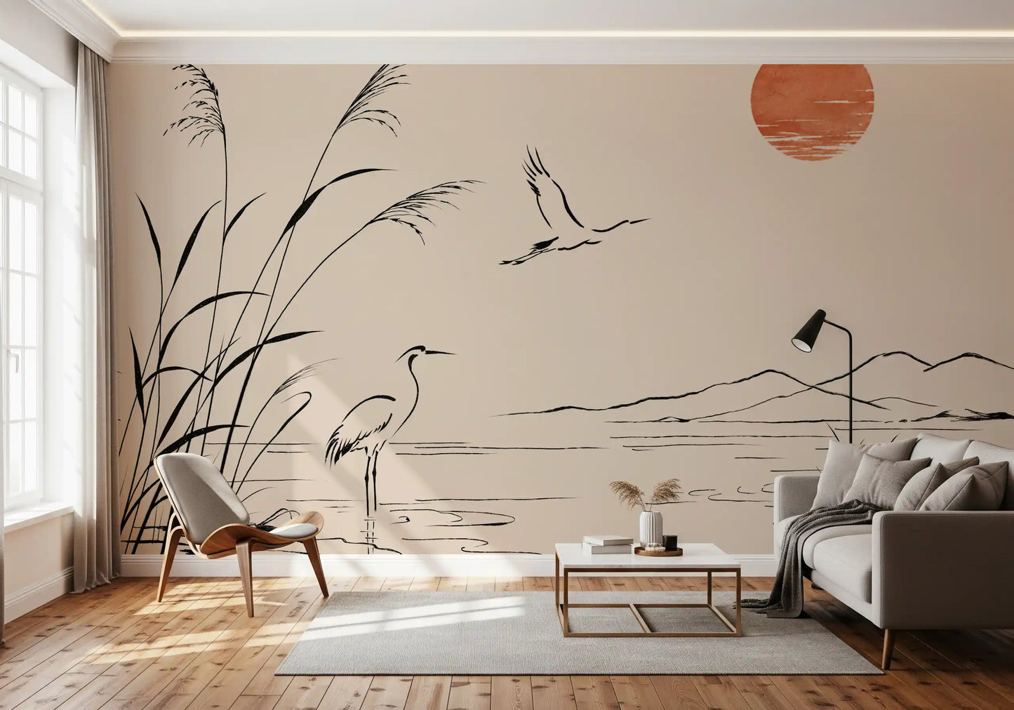 Minimalist Ink Wash Heron Landscape Wall Mural