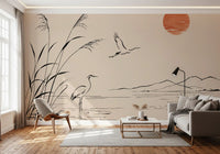 Minimalist Ink Wash Heron Landscape Wall Mural