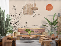 Minimalist Ink Wash Heron Landscape Wall Mural