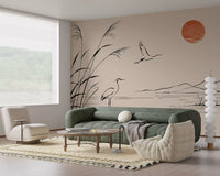 Minimalist Ink Wash Heron Landscape Wall Mural