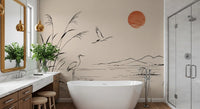 Minimalist Ink Wash Heron Landscape Wall Mural