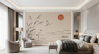 Minimalist Ink Wash Heron Landscape Wall Mural