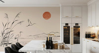 Minimalist Ink Wash Heron Landscape Wall Mural