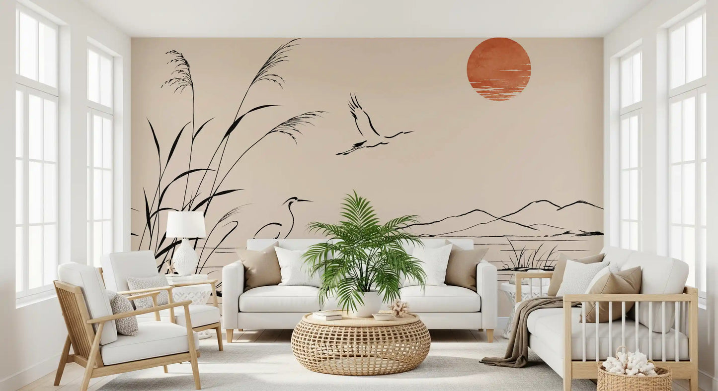 Minimalist Ink Wash Heron Landscape Wall Mural