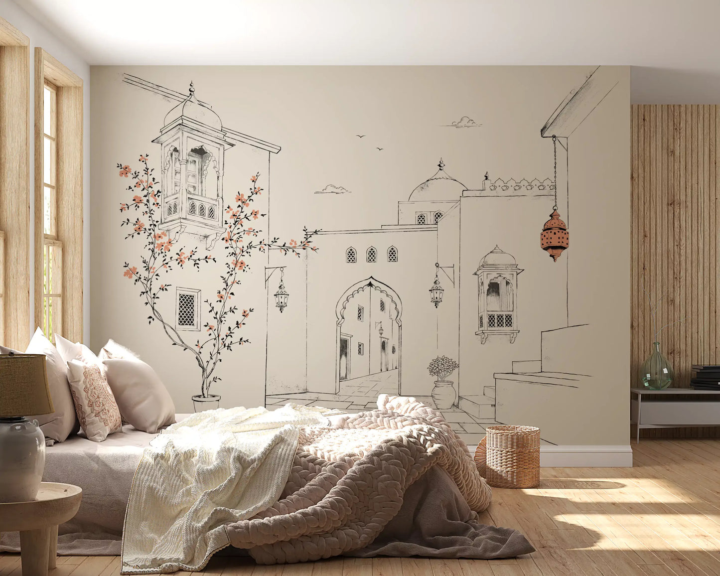 Serene Architectural Courtyard Sketch Wall Mural