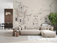 Serene Architectural Courtyard Sketch Wall Mural