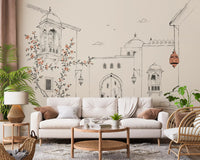 Serene Architectural Courtyard Sketch Wall Mural