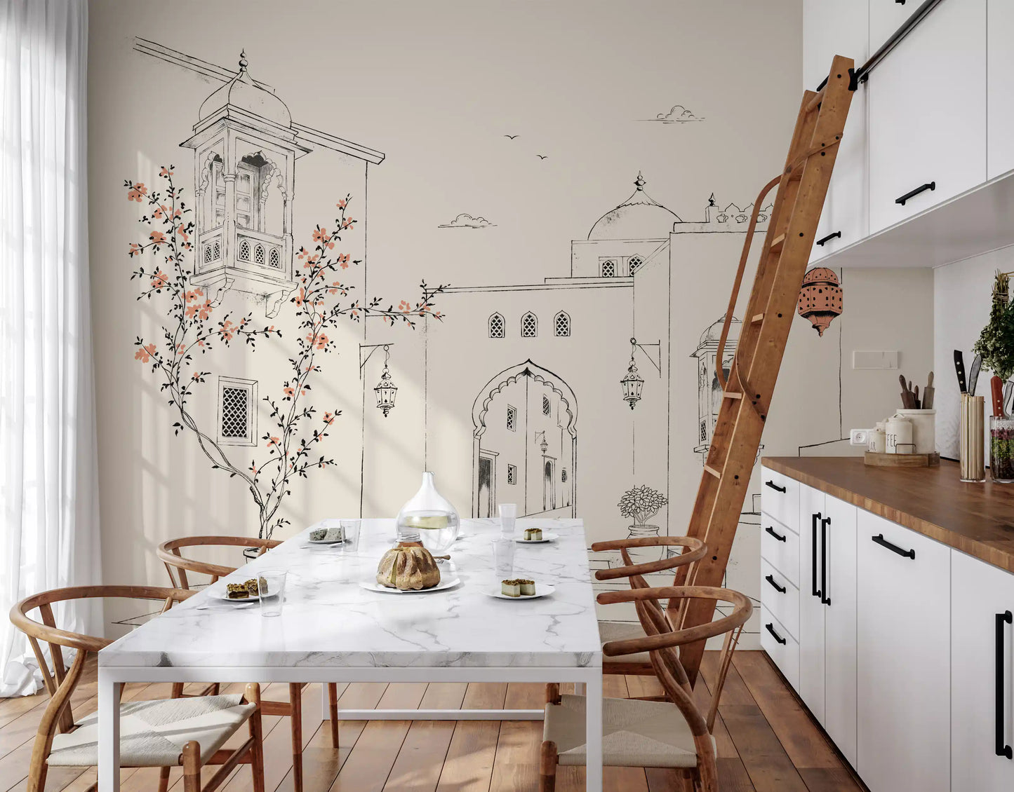 Serene Architectural Courtyard Sketch Wall Mural