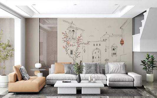 Serene Architectural Courtyard Sketch Wall Mural