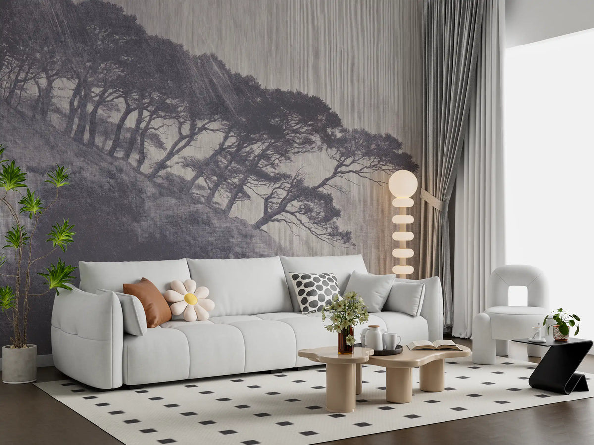 Monochrome coastal pines mural in a living room with a white sofa and floor lamp GD12868