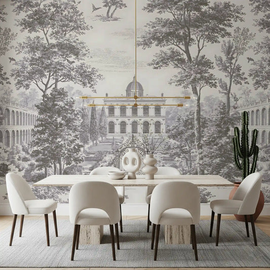 Estate garden scene mural in a dining room with white chairs and a gold chandelier GD12870