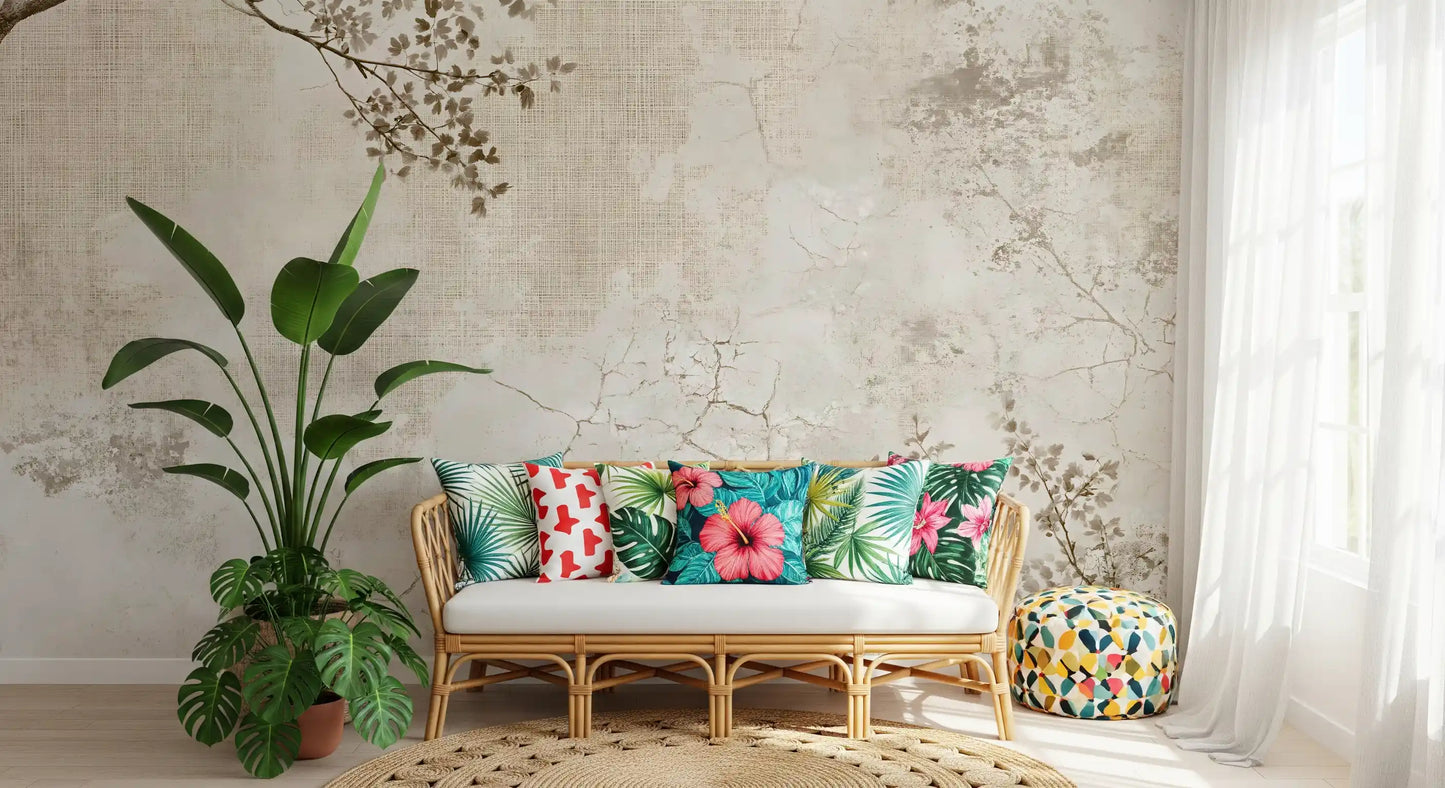 Rustic Beige Weathered Texture with Delicate Branches Wall Mural