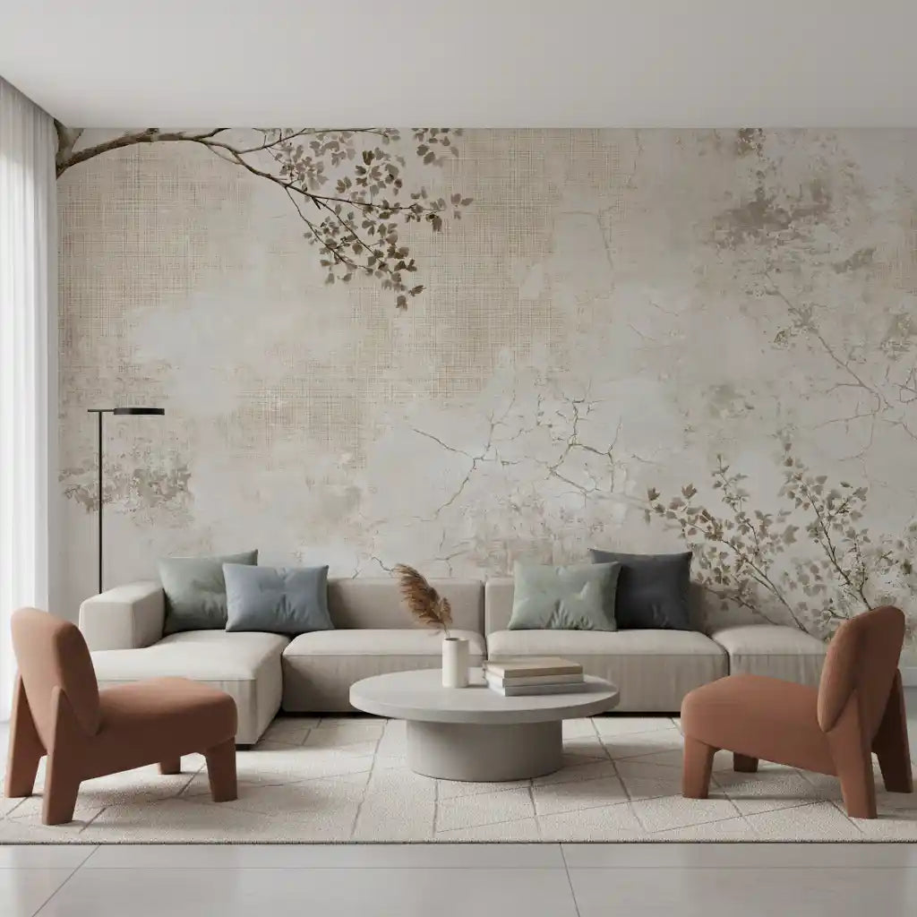 Rustic beige branch texture mural behind a cream sofa and terracotta armchairs GD12872