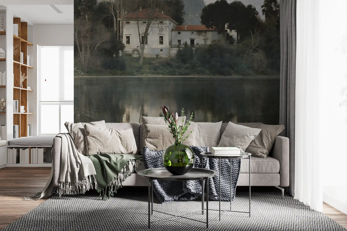 Aged European estate reflection mural behind a grey sofa with knit throws GD12873