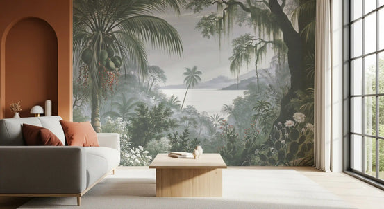 Lush jungle horizon mural behind a grey sofa beside a terracotta arch GD12874