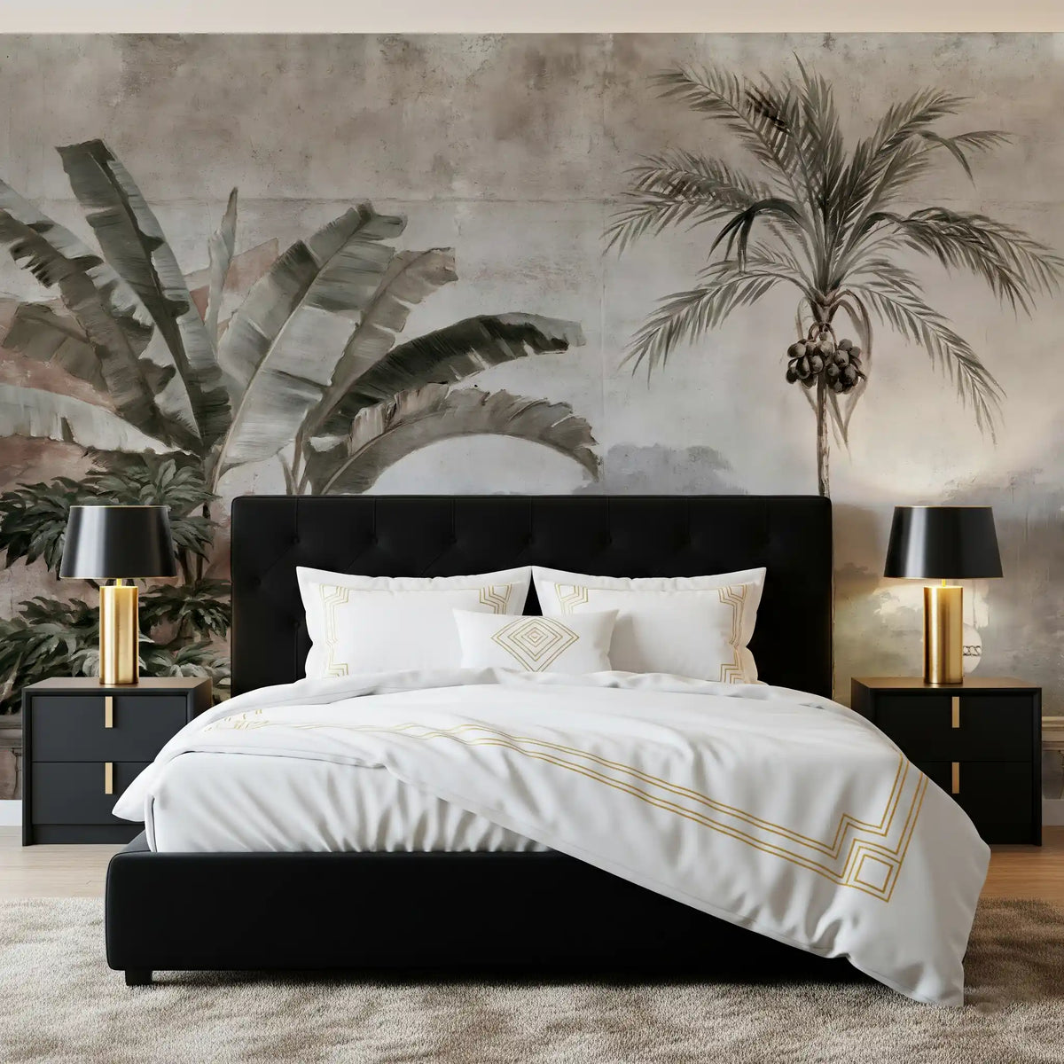 Vintage tropical balustrade mural above a black upholstered bed GD12876