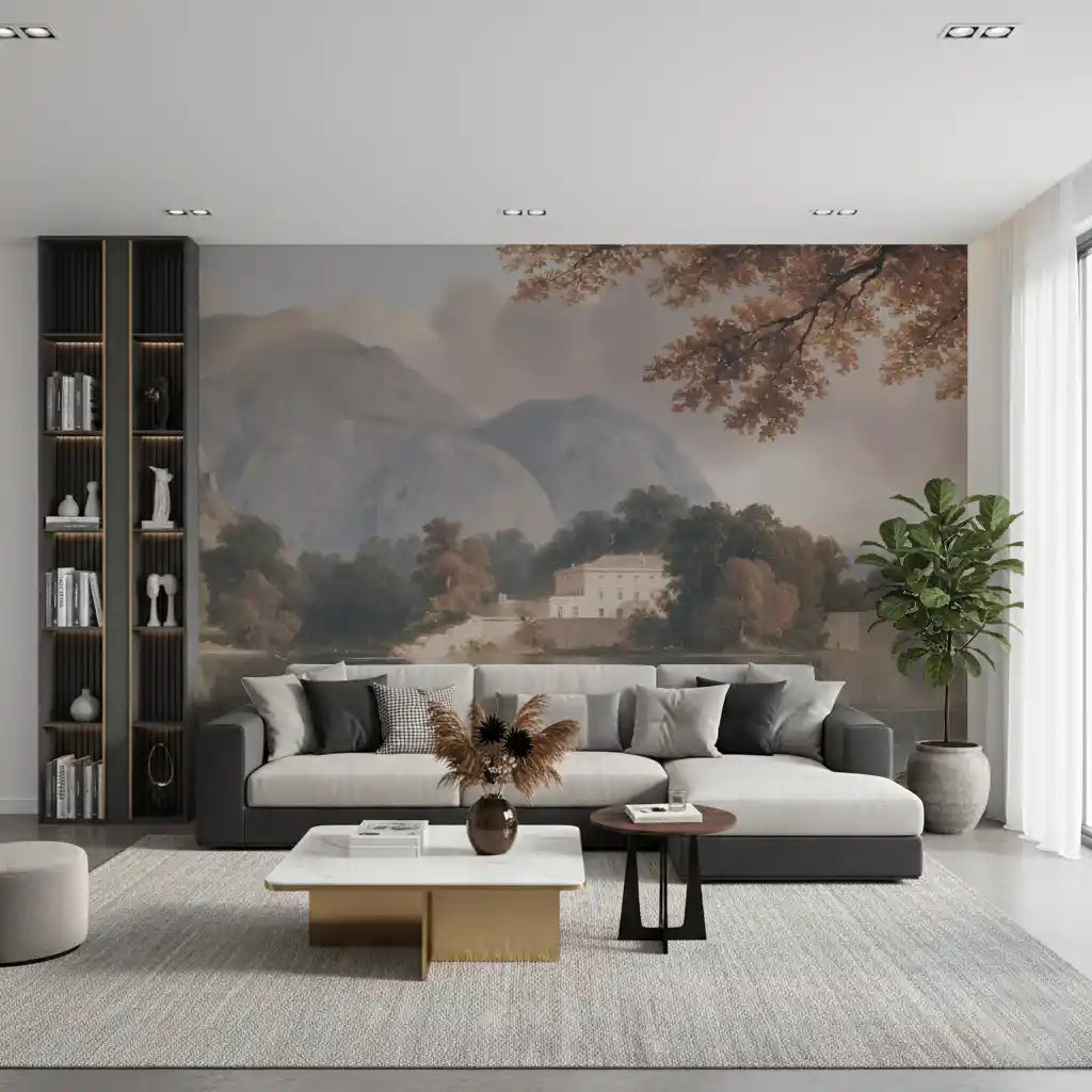 Serene Mountain Lake Estate Landscape Wall Mural