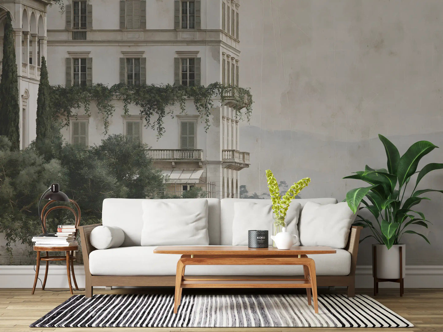 Misty Lakefront Manor Sketch Wall Mural