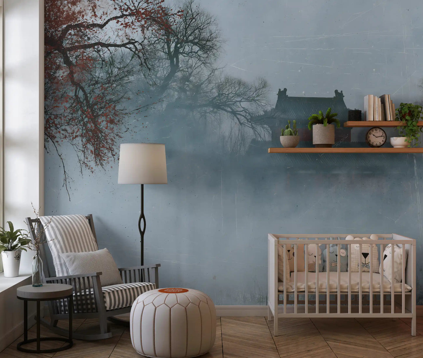 Crimson Pagoda in Winter Fog Wall Mural
