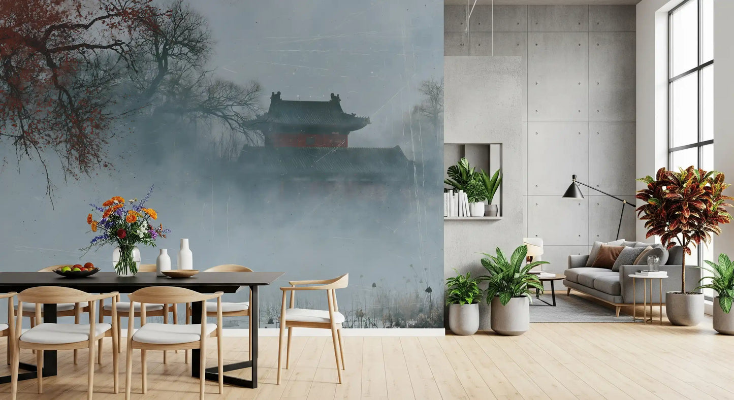 Crimson Pagoda in Winter Fog Wall Mural