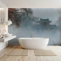 Crimson Pagoda in Winter Fog Wall Mural