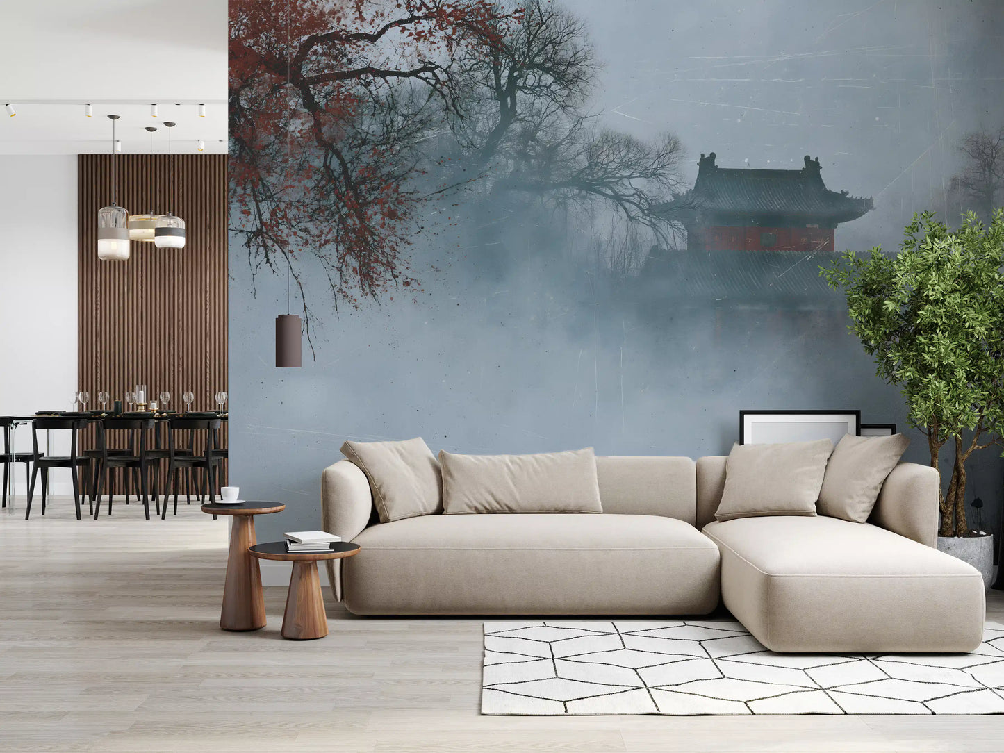 Crimson Pagoda in Winter Fog Wall Mural