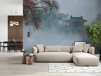 Crimson Pagoda in Winter Fog Wall Mural