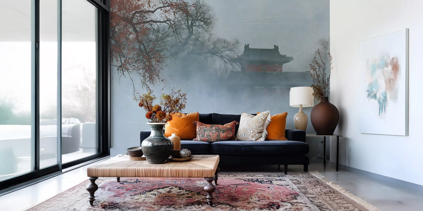Crimson Pagoda in Winter Fog Wall Mural