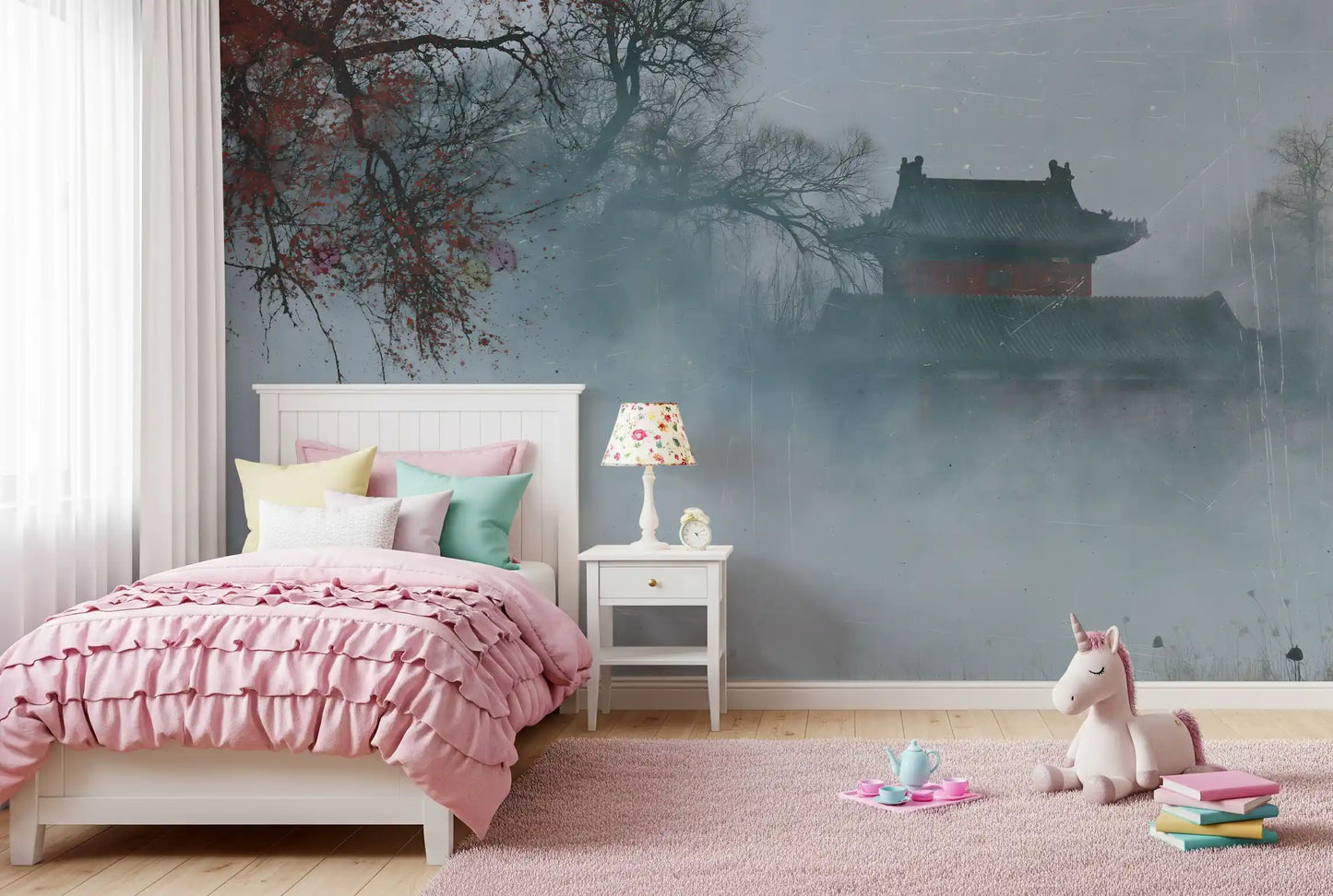 Crimson Pagoda in Winter Fog Wall Mural