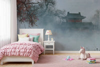 Crimson Pagoda in Winter Fog Wall Mural