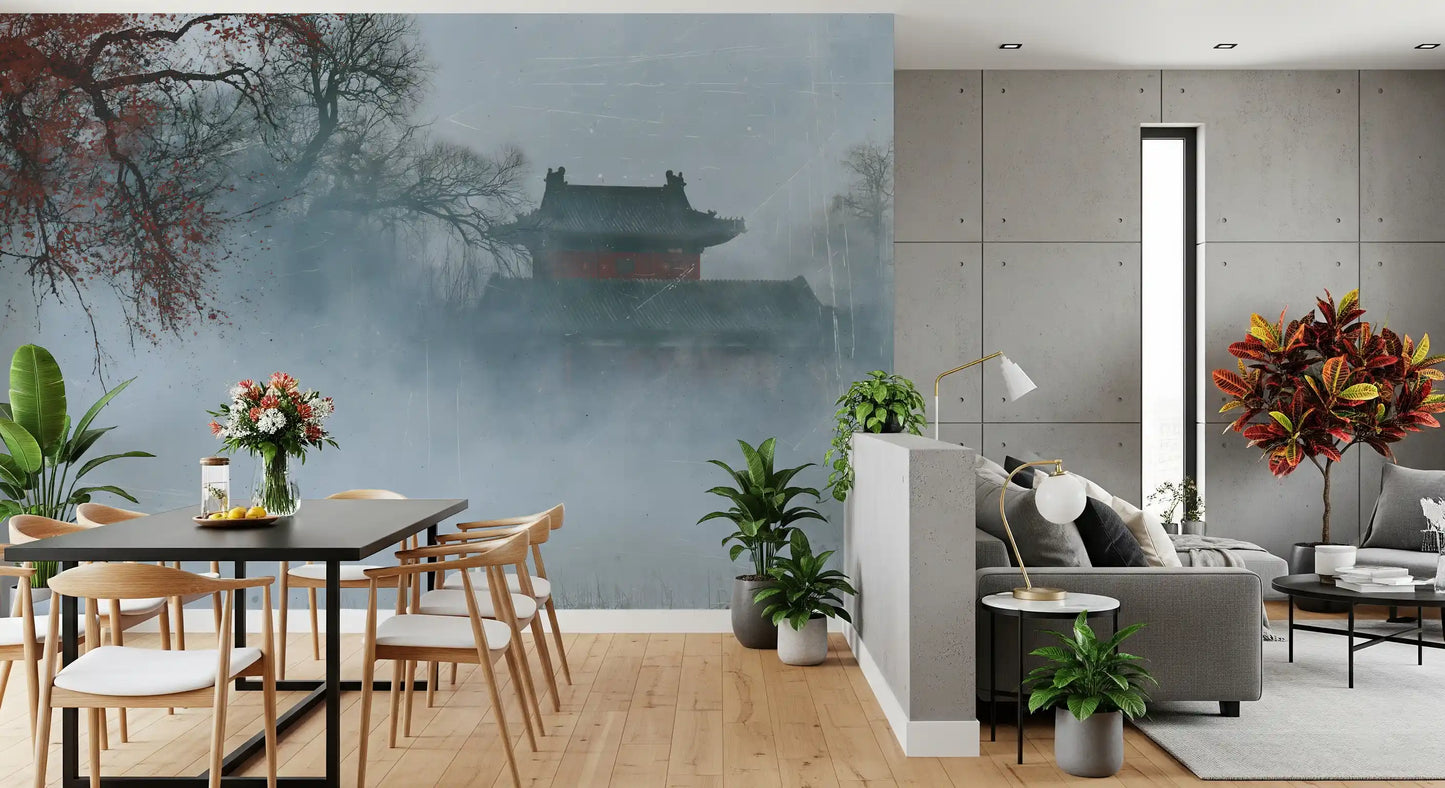 Crimson Pagoda in Winter Fog Wall Mural