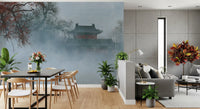 Crimson Pagoda in Winter Fog Wall Mural