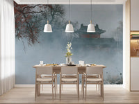 Crimson Pagoda in Winter Fog Wall Mural