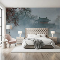 Crimson Pagoda in Winter Fog Wall Mural