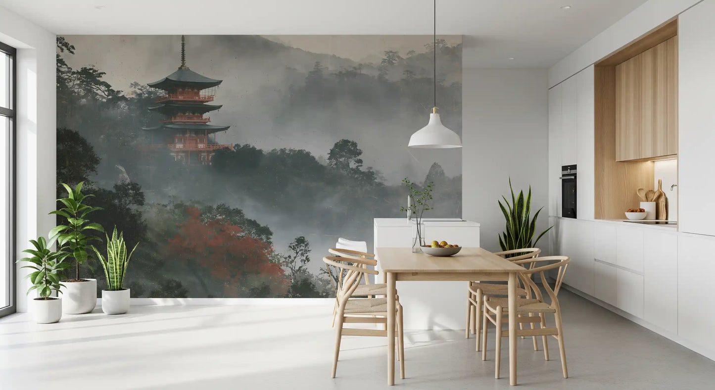 Ancient Temple in Foggy Woods Wall Mural