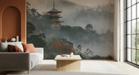 Ancient Temple in Foggy Woods Wall Mural