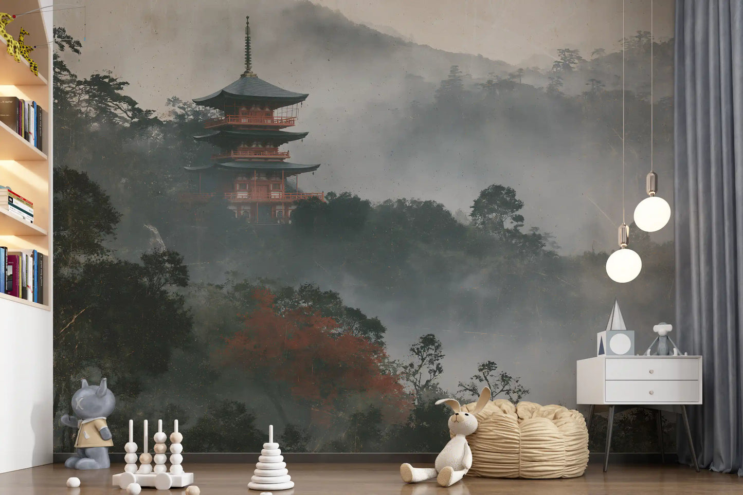 Ancient Temple in Foggy Woods Wall Mural
