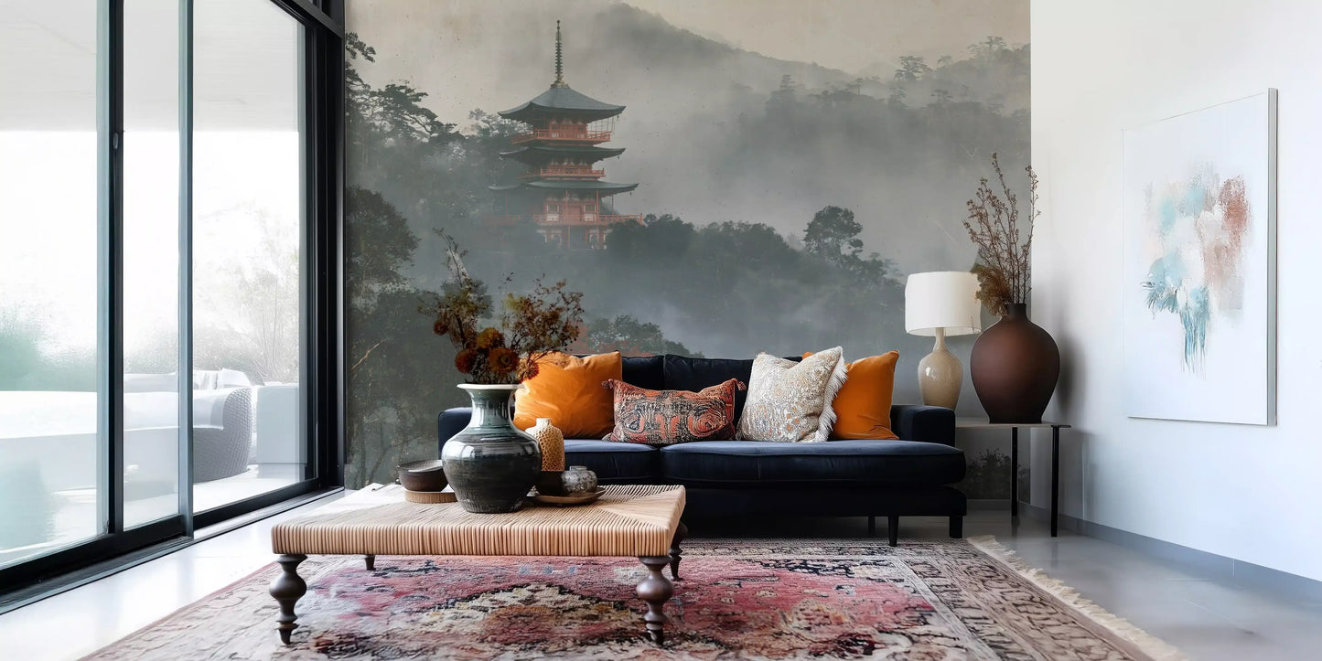 Ancient Temple in Foggy Woods Wall Mural