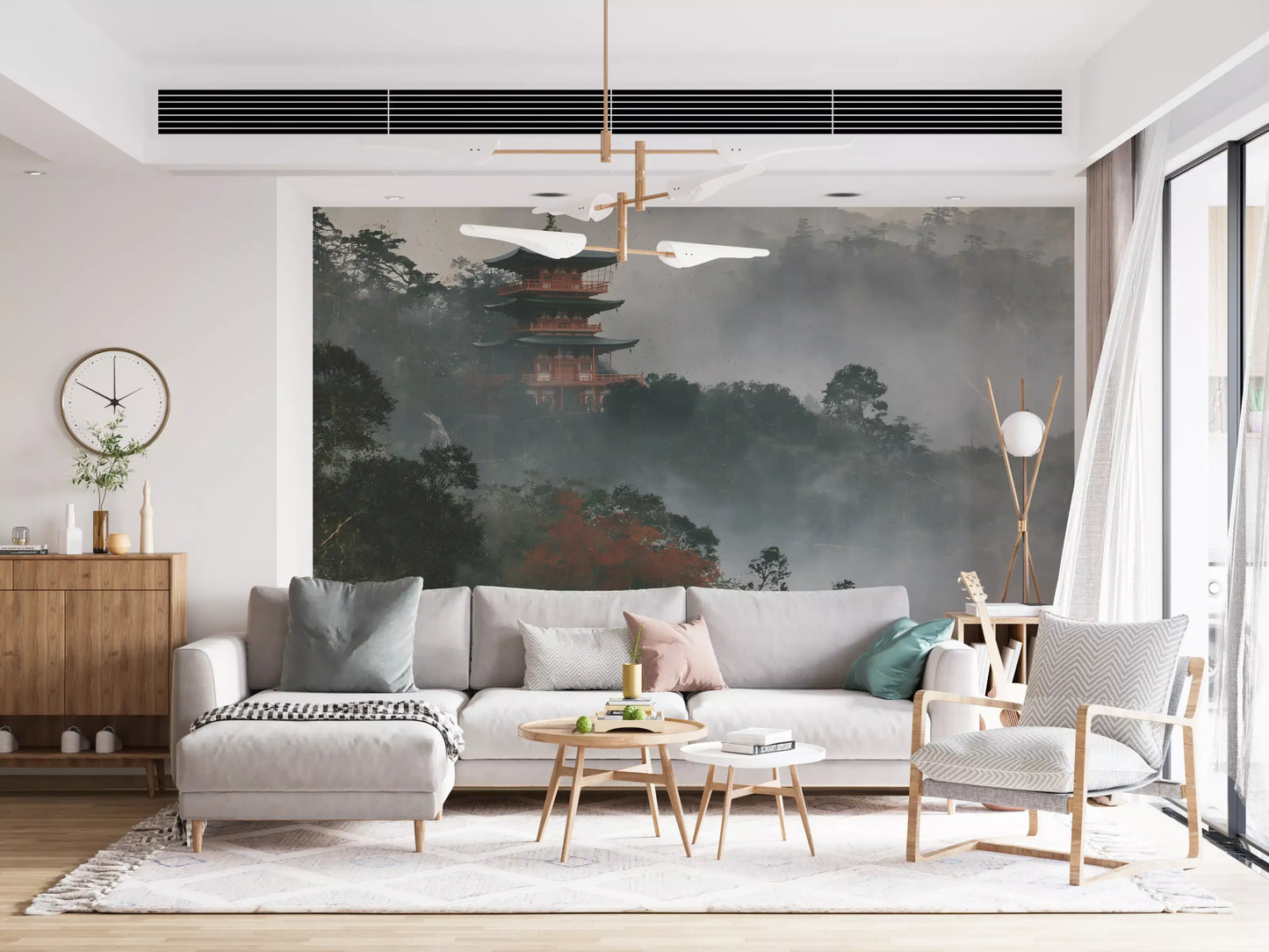 Ancient Temple in Foggy Woods Wall Mural